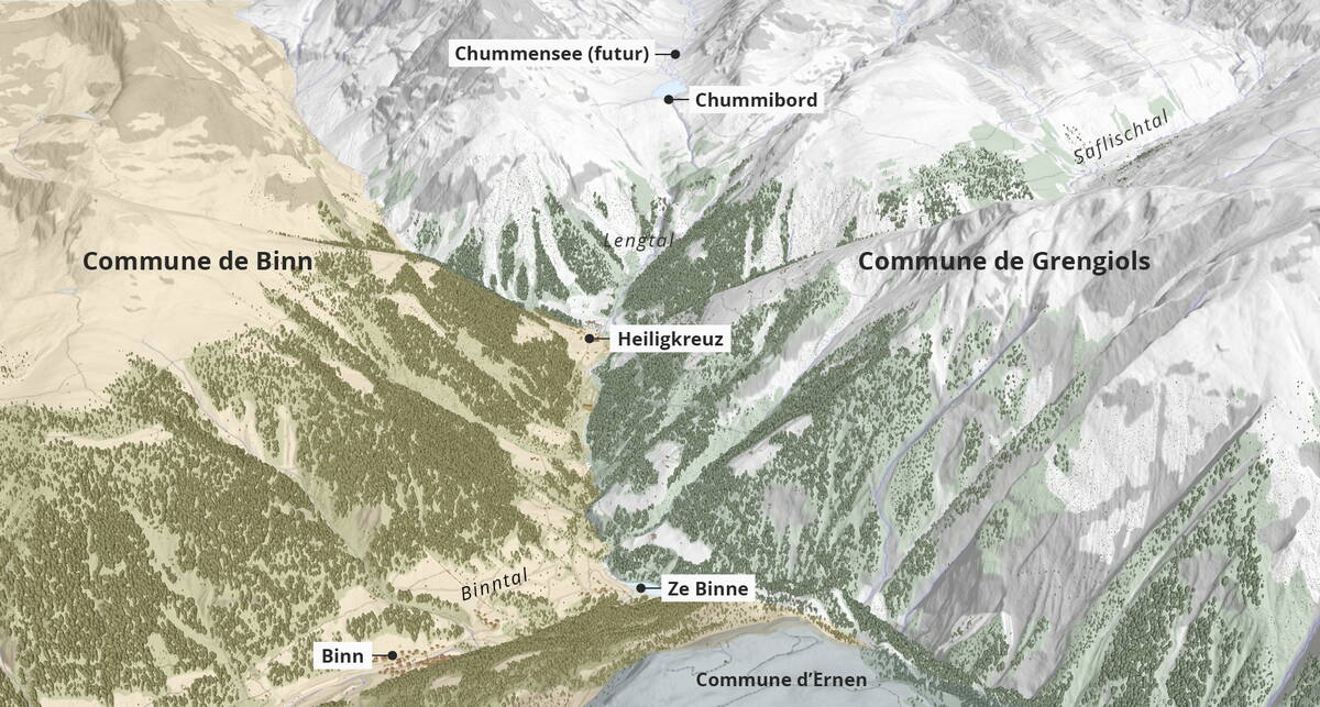 Le nouveau Chummensee à l’extrémité supérieure de la vallée de Leng et Grengiols_Solar sont entièrement situés sur le territoire communal de Grengiols, lequel s’étend sur environ 58 km². (Source : Swisstopo, FMV)