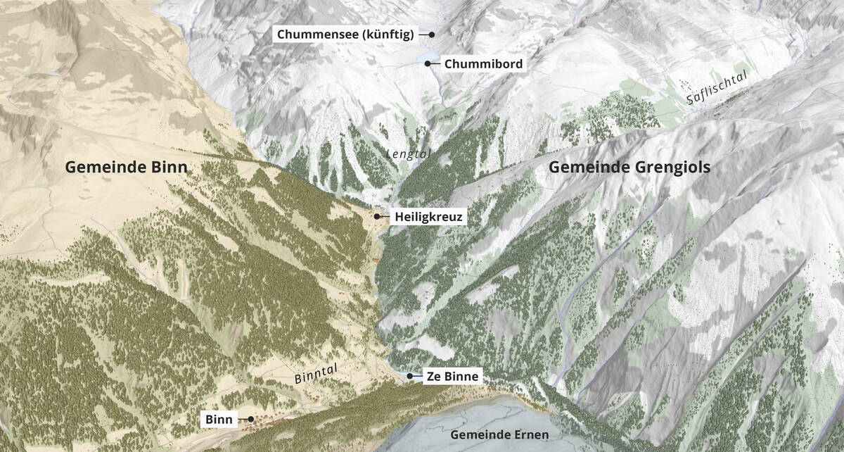 Sowohl der neue Chummensee zuhinterst im Lengtal als auch Grengiols-Solar liegen vollumfänglich auf dem rund 58 km² grossen Gemeindegebiet von Grengiols. (Quelle Swisstopo, FMV)