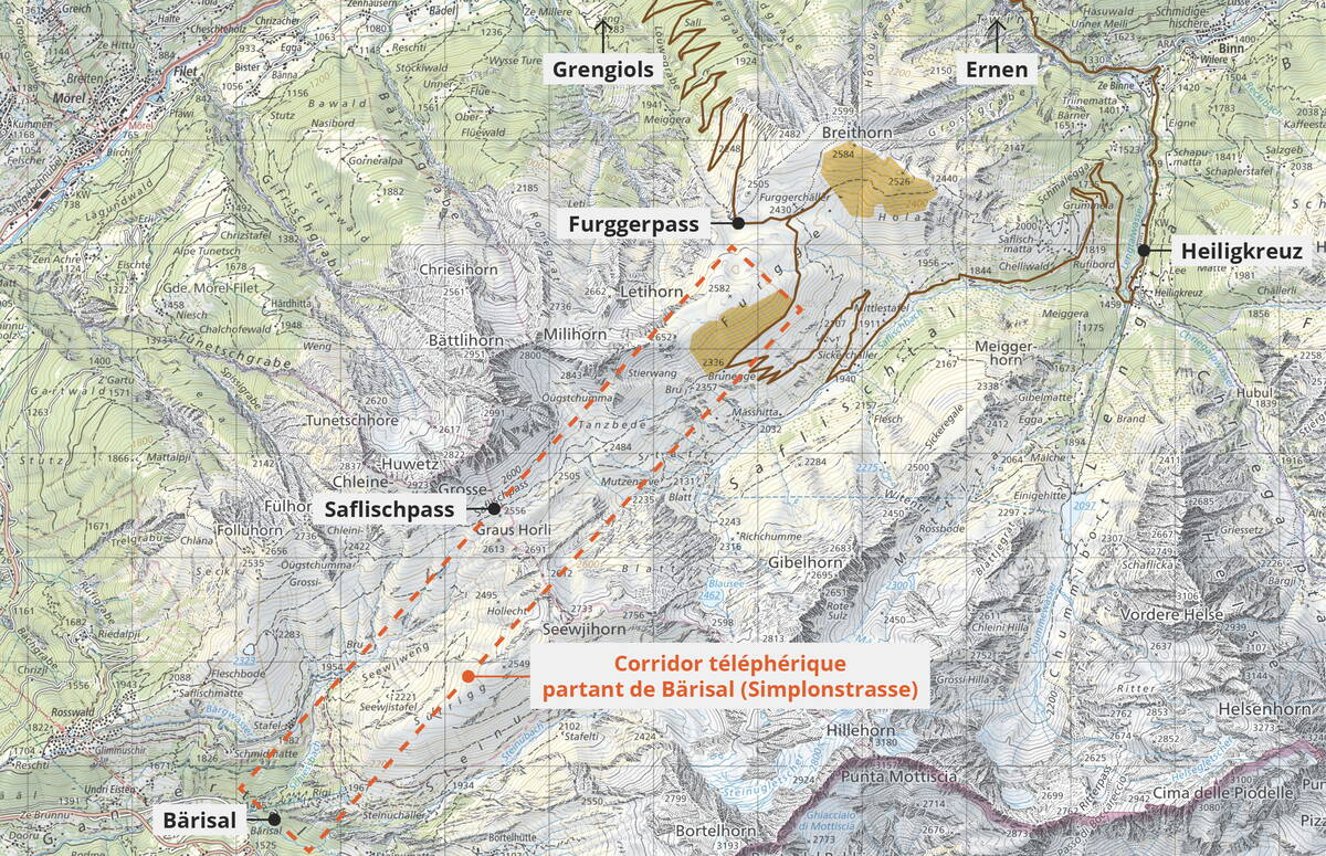 Le matériel est principalement acheminé dans la zone de l'installation par un téléphérique temporaire depuis le col du Simplon (Source : FMV)